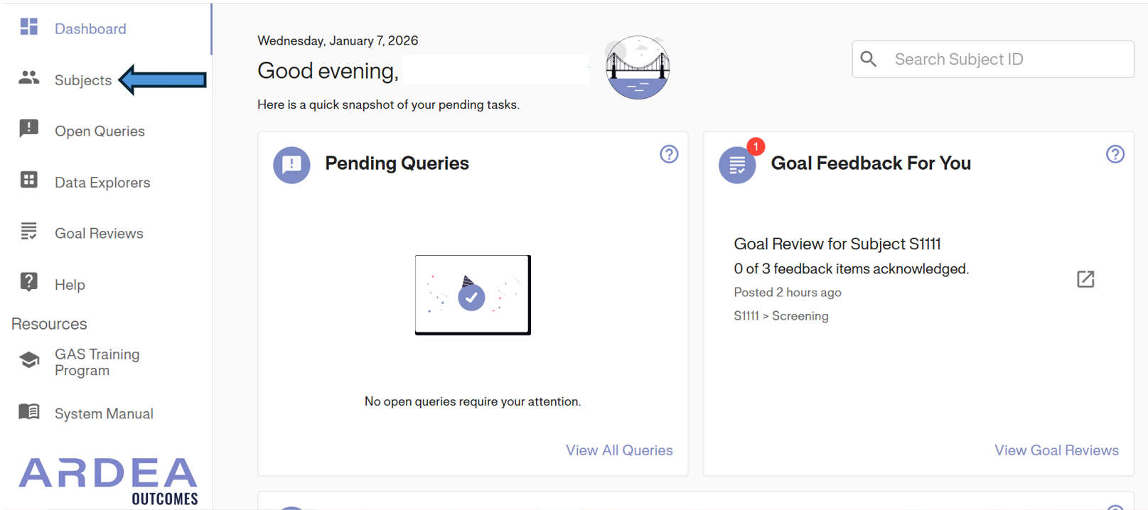 Accessing Subjects from Dashboard
